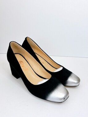 Size 8 Black Suede Block Heel Pumps Silver Metallic Cap Toe FOWT